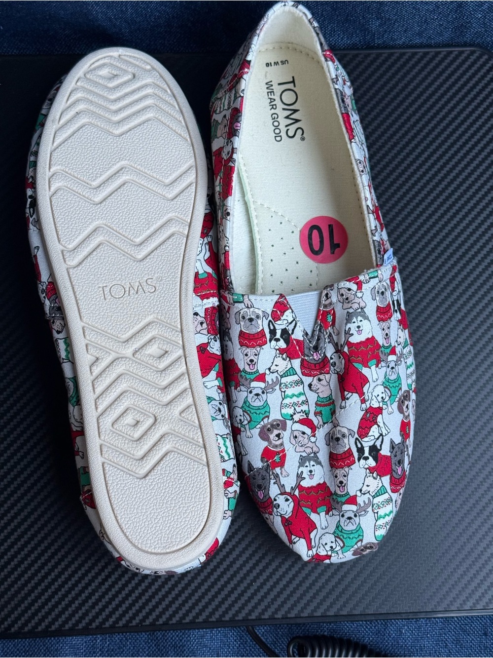 Size 10 - TOMS Alpargata Holiday Christmas Dogs Canvas Slip On Flats NWT